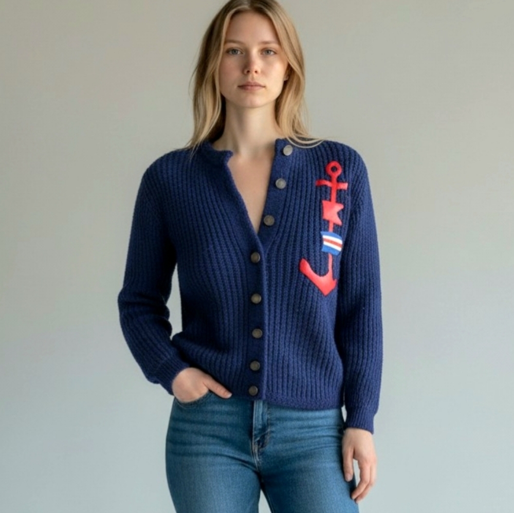 Vintage Ownen Navy Rib Knit Nautical Anchor Cardigan Sweater Button Up Womens S - Picture 3 of 11